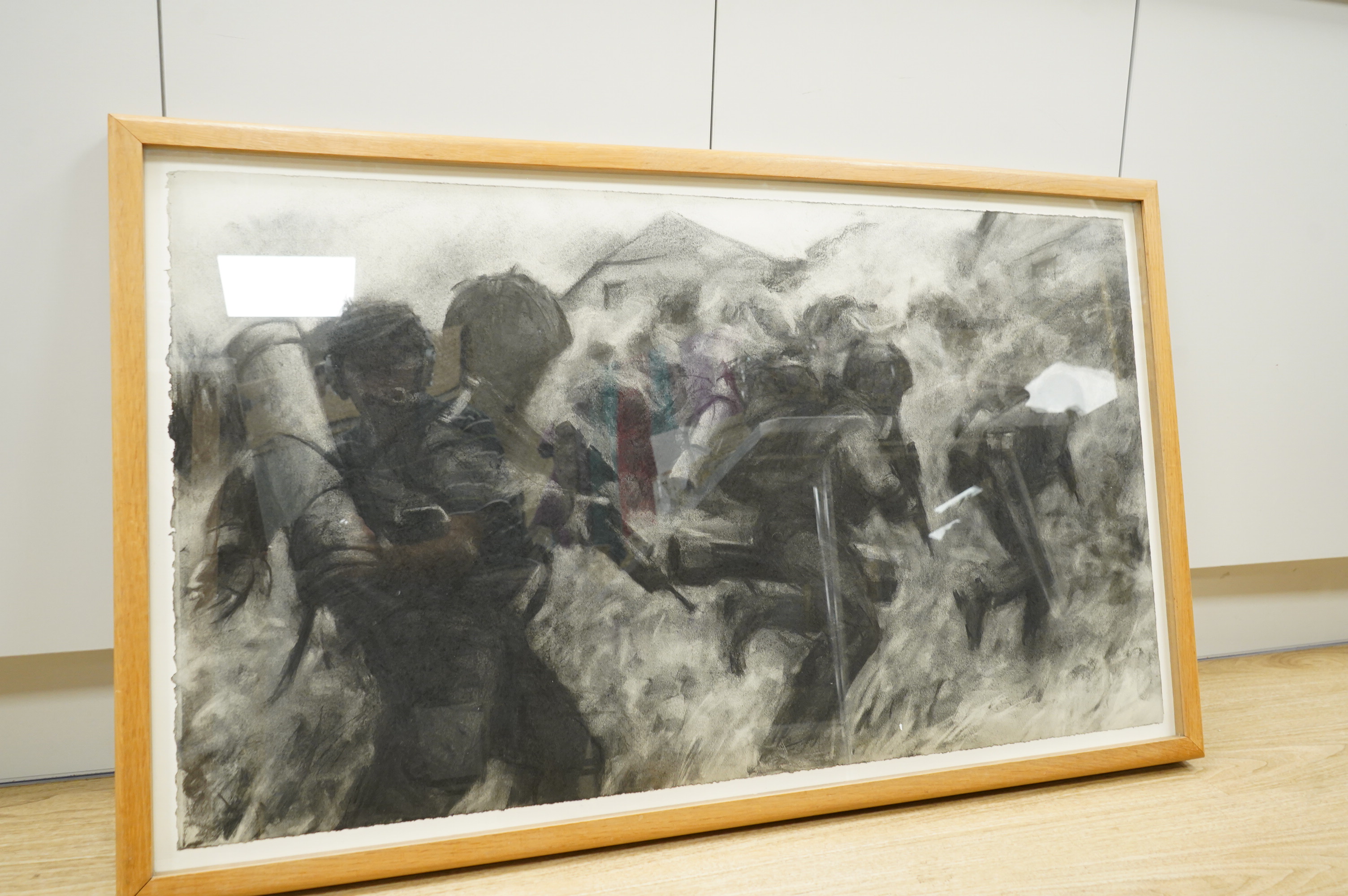 Keith Holmes (b.1944), Battle scene, charcoal, details verso, 55 x 96cm
